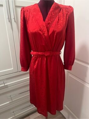 VINTAGE Red Jacquard Belted Midi Dress Puff Sleeve Secretary Career M